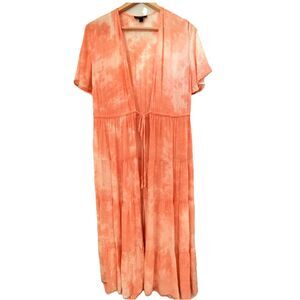 Torrid Peach Tie Dye Clip Dot Kimono Tie Front Duster Beachy Boho Cottagecore M